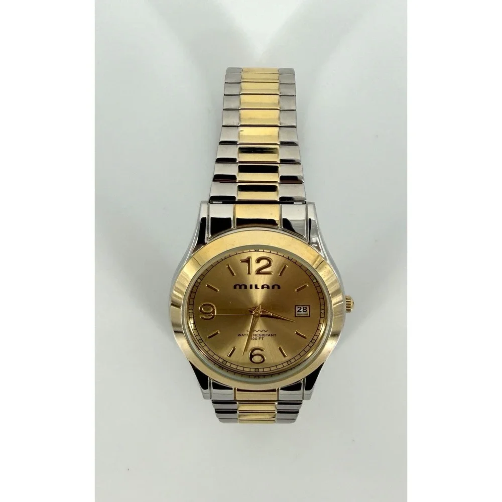 Milan Men's Quartz Watch Gold Dial Two Tone Stretch Band Not Running AS IS